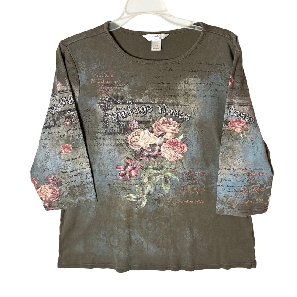 CJ Banks Grunge Euro 3/4 Sleeve Graphic Top Womens L Olive Green Whimsigoth